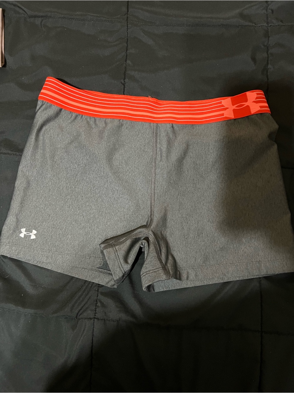 Under Armour Gray Athletic Compression Shorts with orange Waistband
